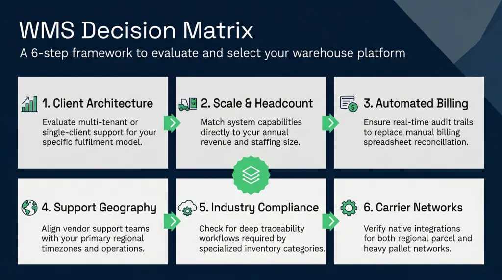 A 16:9 business infographic titled "wms decision matrix" outlining a 6-step warehouse platform evaluation framework. Six clean white cards are neatly arranged in a 3x2 grid over a professional deep blue background. Each card features a simple line-art icon, a bold heading from steps 1 to 6, and a single-sentence explanation covering architecture, scale, automated billing, support geography, industry compliance, and carrier networks.